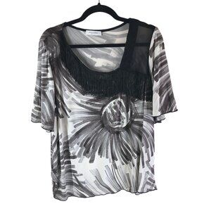 Stizzoli Womens Top Blouse Mixed Media Fringe Asymmetric Gray Black 52 US 16